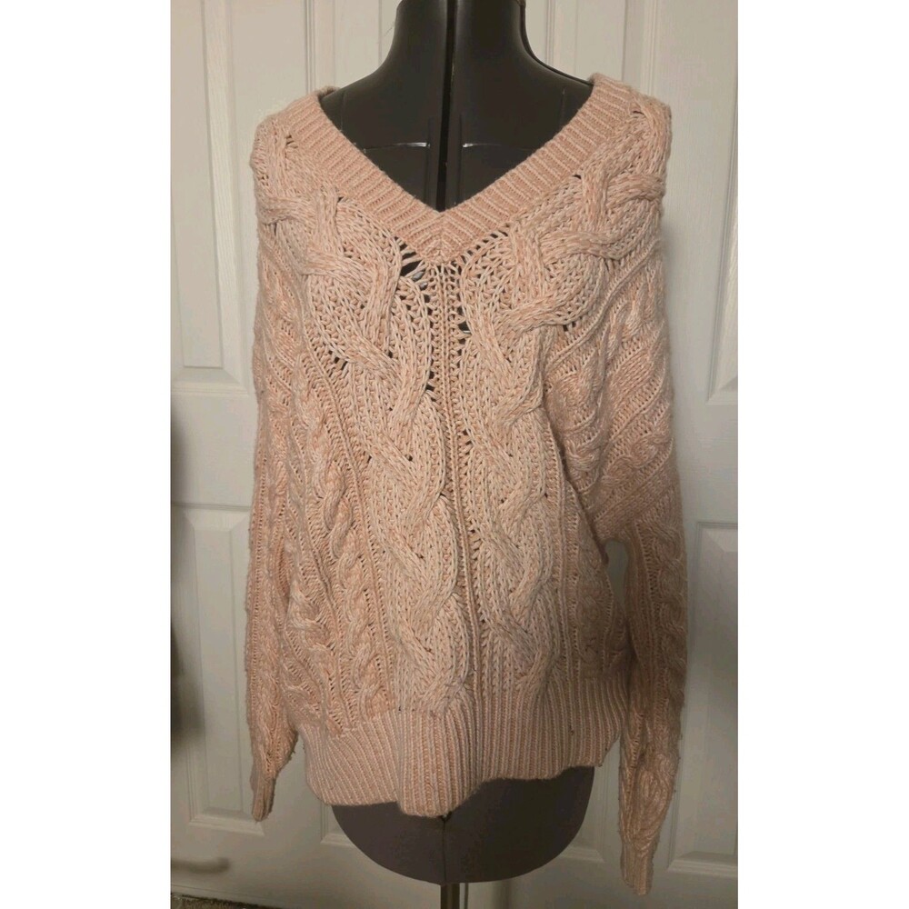 Reiss Esme Cable Knit V-Neck Sweater Women's Large Pink Chunky Pullover Timeless